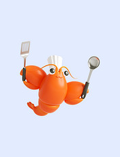 3D立体橙色C4D拟人龙虾厨师