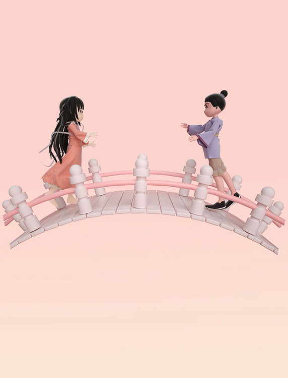3D立体七夕牛郎织女中国风卡通人物鹊桥