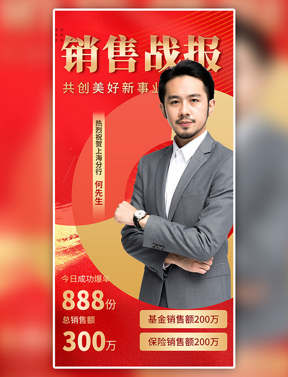红色金色微商销售表彰荣耀公司喜报贺报喜庆风人物海报