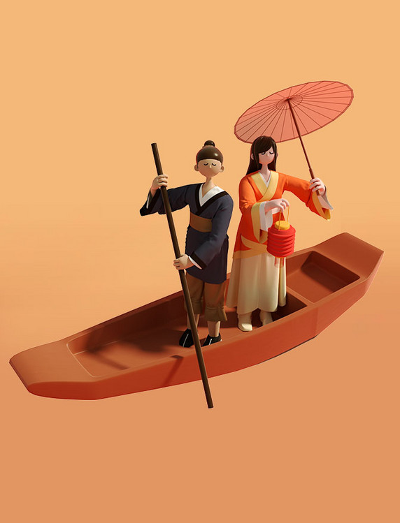 3D立体七夕牛郎织女中国风卡通人物模型