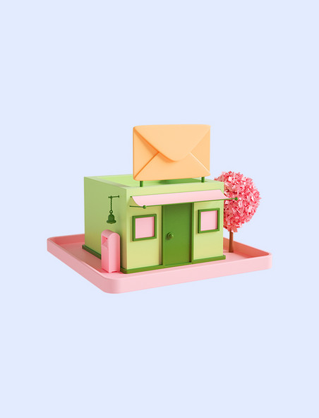 3D立体粉色C4D邮局小房子建筑城市邮局