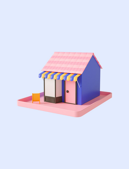 3D立体粉色C4D小餐馆建筑城市商铺店面