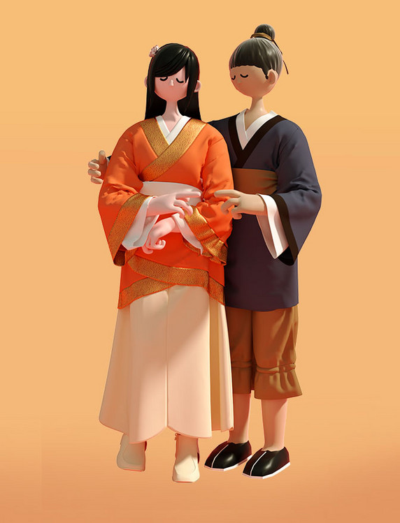 3D立体七夕牛郎织女中国风卡通人物模型 