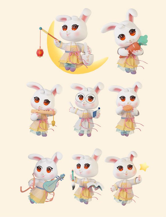 3d立体中秋节月饼节传统节日玉兔兔子卡通兔可爱萌宠兔娃娃兔兔c4d模型IP形象