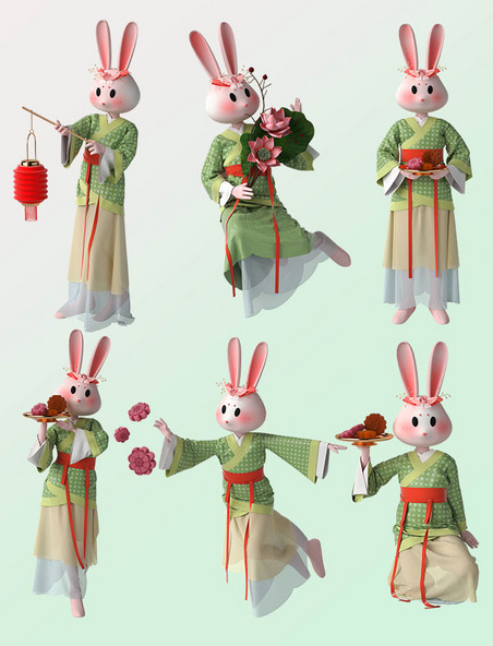 3D立体中秋中秋节国潮风兔子卡通人物模型