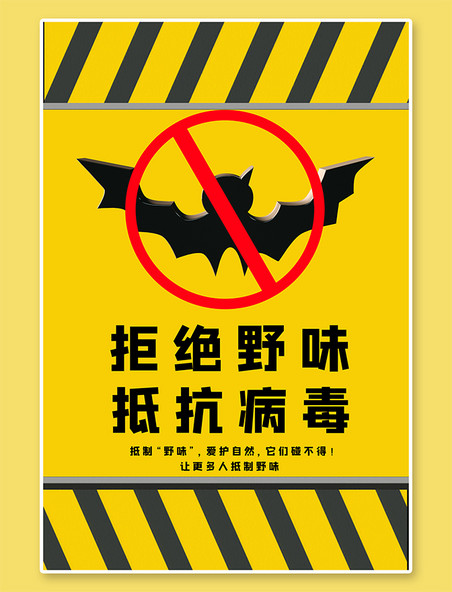 防疫肺炎拒绝野味抵抗病毒蝙蝠黄色大气海报