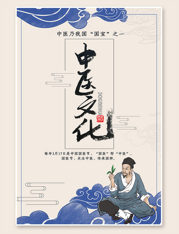 古风 中医文化中国国医节中医蓝色古风海报
