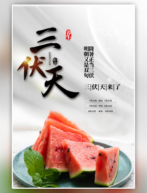 中国传统节日三伏天西瓜白色海报