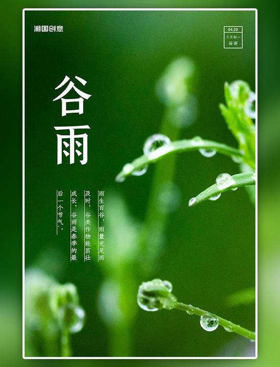 潮国原创二十四节气谷雨节气绿色大气海报