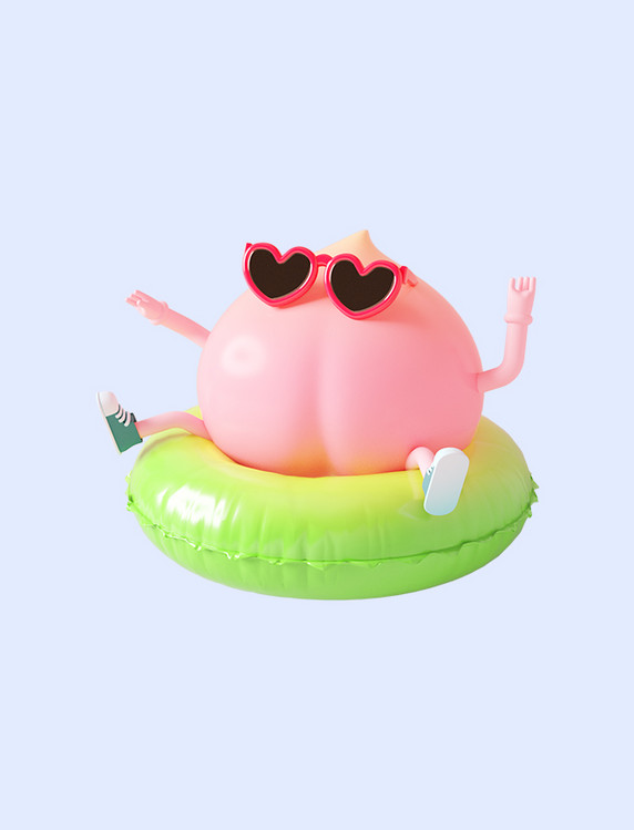3D立体粉色C4D水蜜桃游泳冲浪水果桃子餐饮美食运动水上