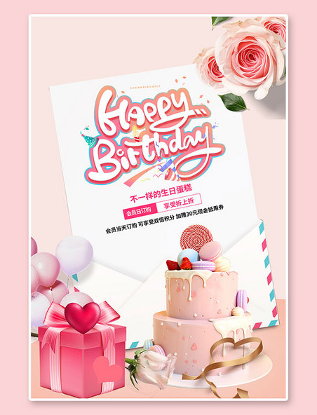 邀请函生日快乐生日蛋糕粉色创意海报