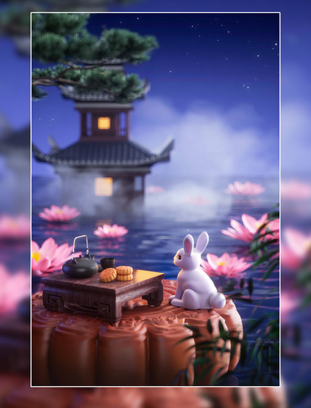 蓝色c4d中式中秋中秋节背景3D立体月饼中秋兔子玉兔中国风国潮