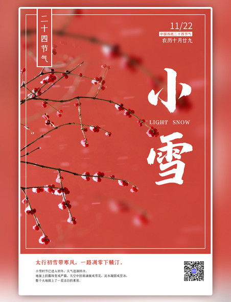 传统节气小雪腊梅红色中国风海报