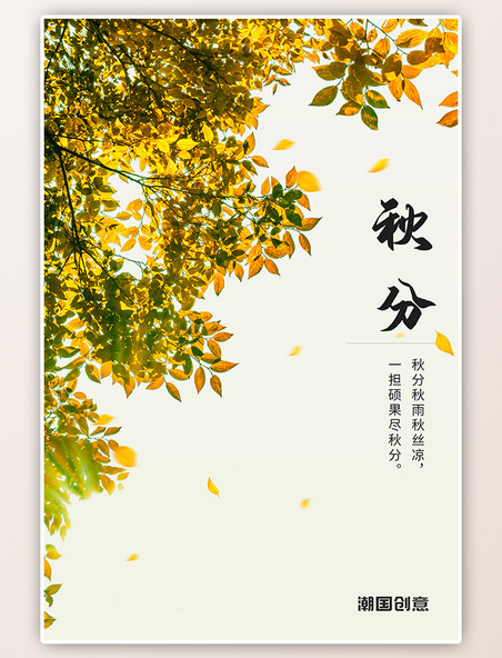秋分节气金黄树叶落叶秋季黄色简约海报