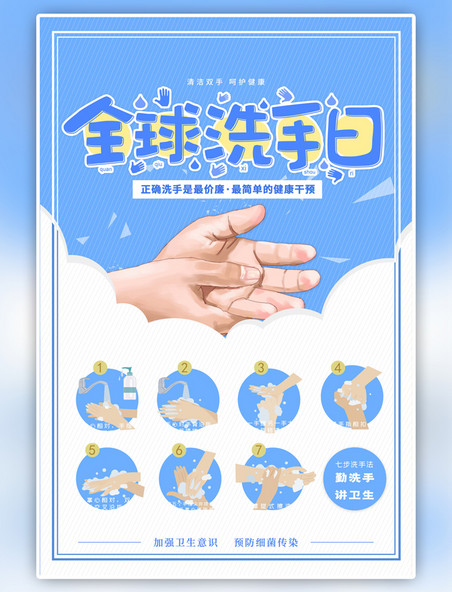 蓝色卡通世界洗手日洗手海报