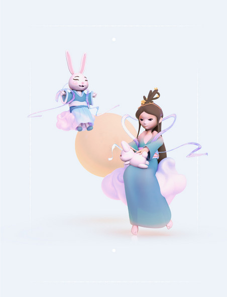 3D立体国风中秋嫦娥月兔仙女抱兔对坐C4D