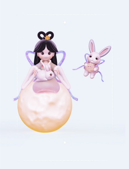3DC4D立体可爱中秋小仙女嫦娥月兔盘坐抱兔中秋节