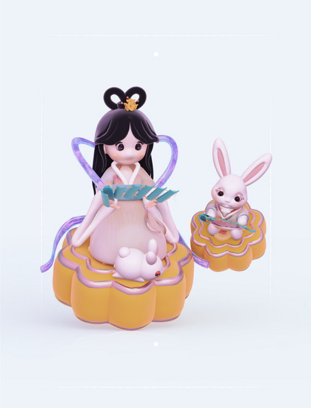 3DC4D立体可爱中秋小仙女嫦娥月兔坐月饼读书学习中秋节
