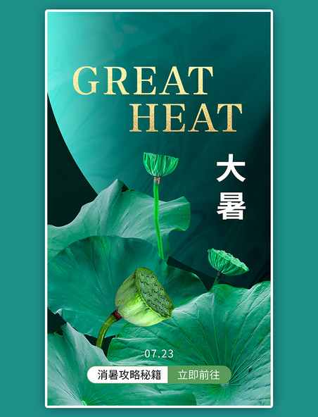 二十四节气大暑app闪屏摄影图荷叶莲蓬绿色海报