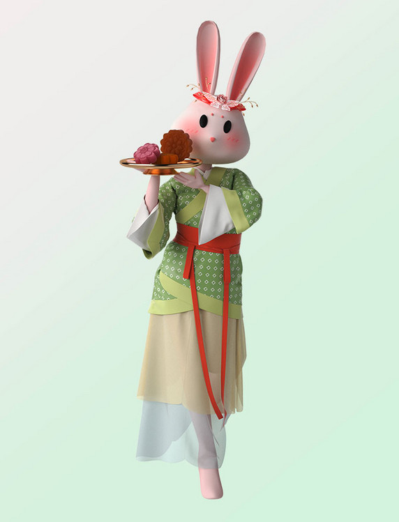 3D立体中秋节国潮风兔子中国风端月饼拟人