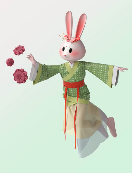 3D立体中秋节国潮风兔子中国风拟人月饼人物