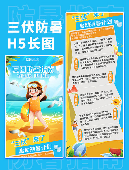 三伏天高温预警防暑指南蓝色橙色H5长图海报防暑降温