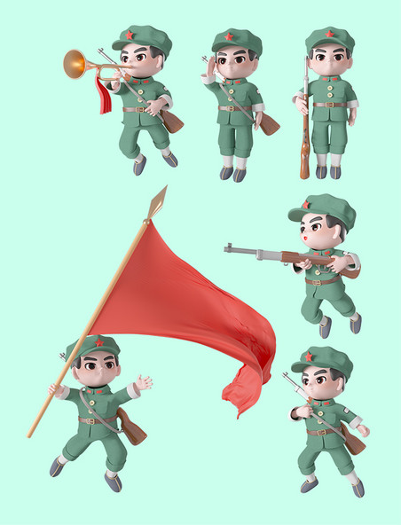 3d立体c4d卡通可爱红军战士战斗吹号挥旗军人建军节素材人物