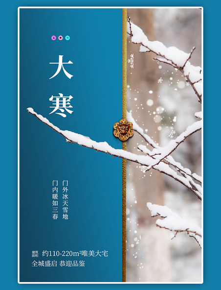 大寒节气房地产宣传蓝色摄影图冬天积雪树枝渐变海报