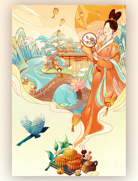 中秋节中秋国潮中国风嫦娥兔子仙女月饼祈福插画海报