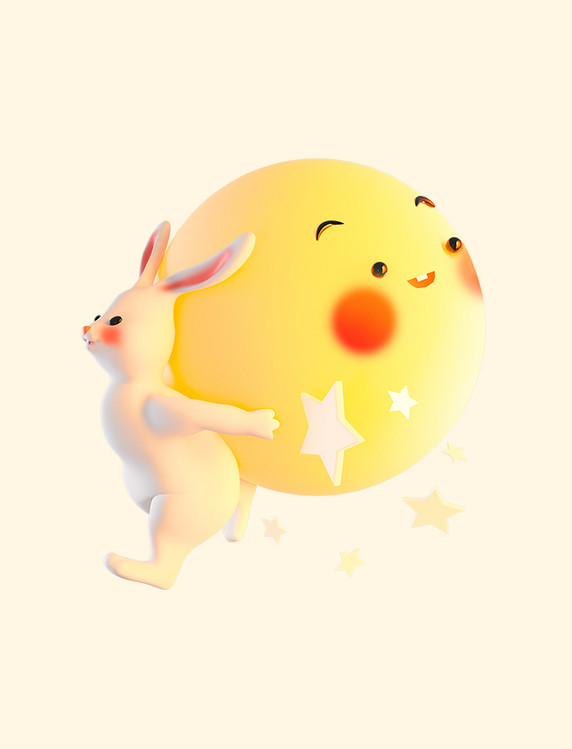 3d立体卡通中秋中秋节拟人兔子月亮创意场景模型兔子背月亮