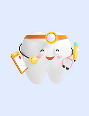 3D立体白色C4D拟人牙齿口腔护理表情包医生听诊