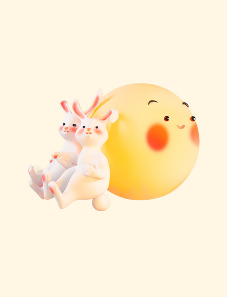 3d立体卡通中秋中秋节拟人兔子月亮创意场景模型月亮与兔子