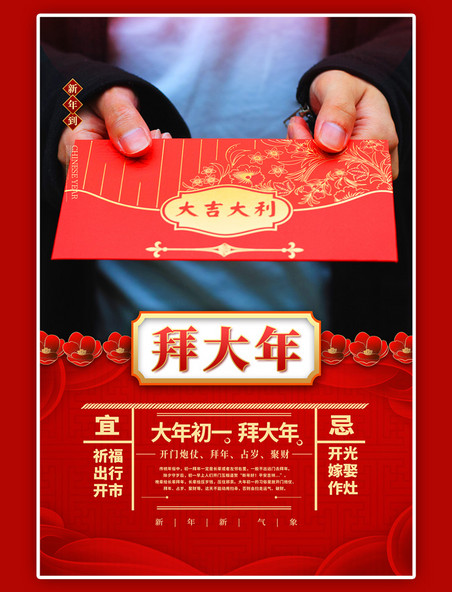 新年春节习俗大年初一红色简约海报