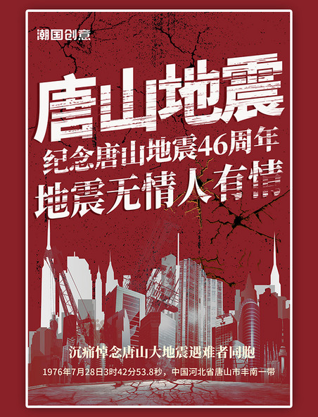唐山大地震46周年地震灾害纪念红色海报