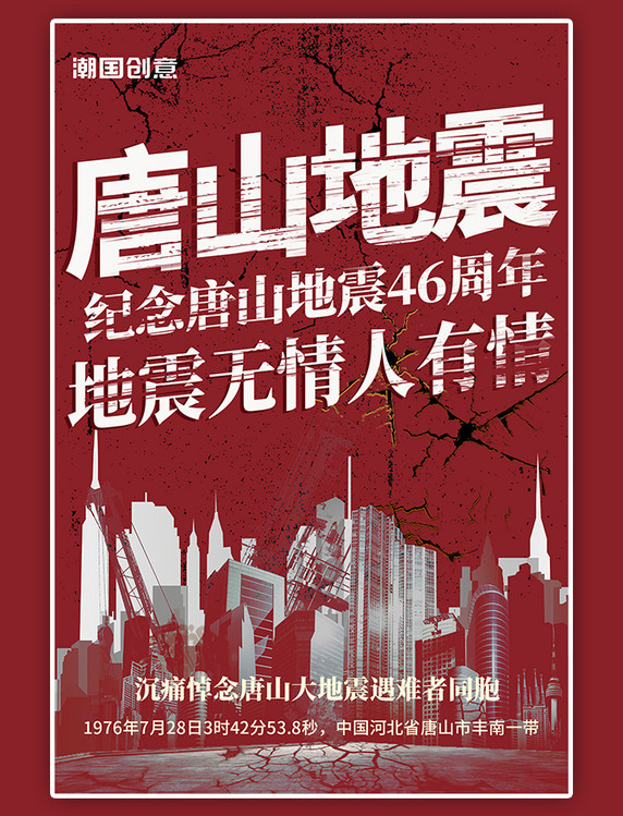 唐山大地震46周年地震灾害纪念红色海报