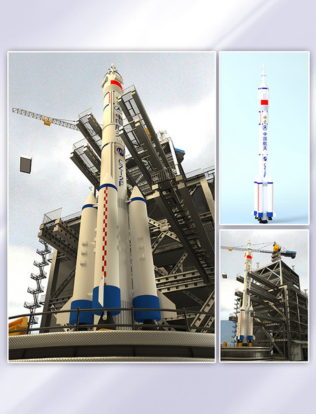 C4D灰白金属写实火箭发射基地长征2号火箭3D渲染场景