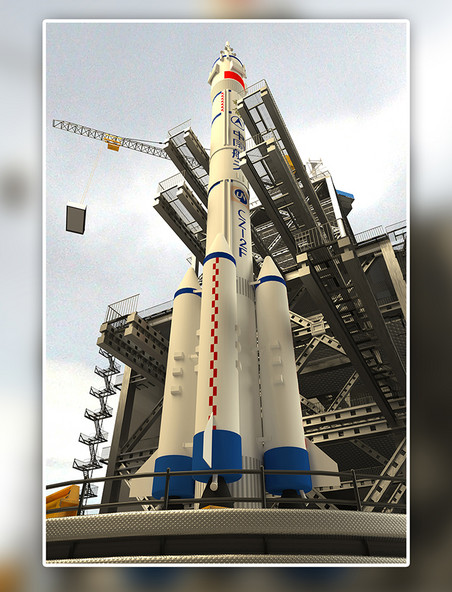 C4D灰白金属写实火箭发射基地长征2号火箭3D仰视渲染场景