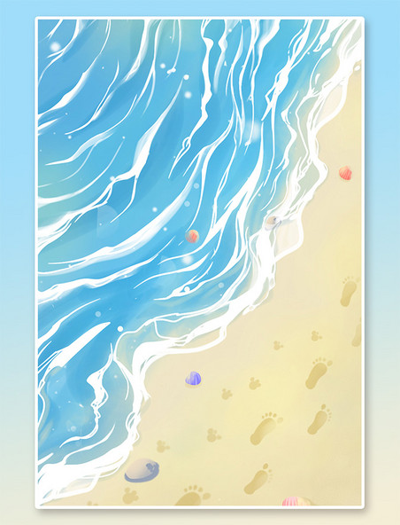 沙滩蓝色唯美小清新卡通海水立夏夏季海边配图