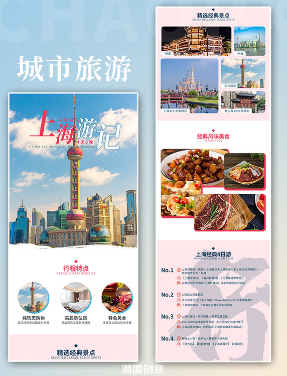 创意旅游信息介绍上海经典游记4天3晚红色H5