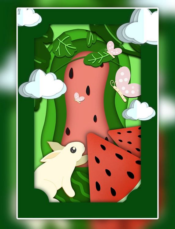 剪纸风兔年兔子白兔小兔子6月六月夏天西瓜瓜藤蝴蝶白云插画海报