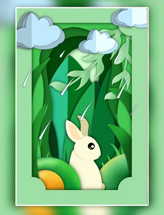 剪纸风兔年兔子白兔小兔子4月四月清明青团下雨白云插画海报