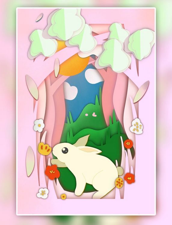 剪纸风兔年兔子白兔小兔子3月三月春天白云鲜花插画海报