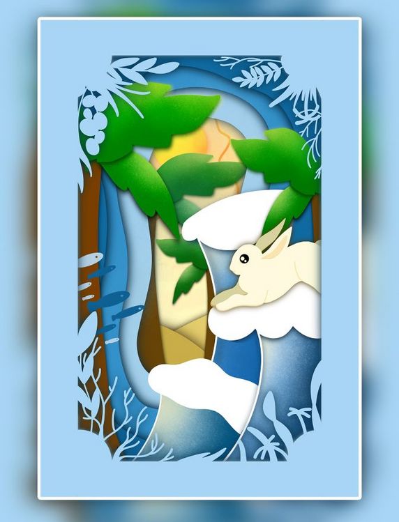 剪纸风兔年兔子白兔小兔子7月七月清凉夏天阳光椰树冲浪插画海报