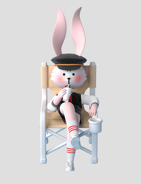 3D立体中秋节潮酷嘻哈卡通兔子喝饮料