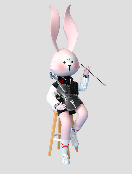 3D立体中秋节潮酷嘻哈卡通兔子拉小提琴