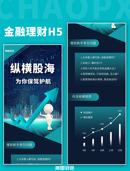 蓝色商务大气纵横股海炒股金融理财h5长图海报