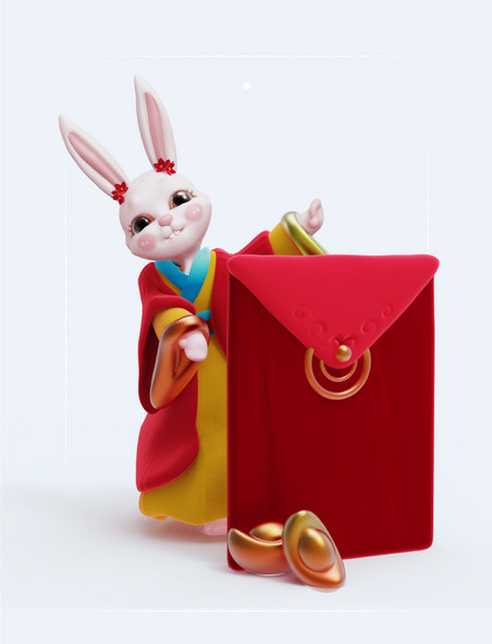 C4D立体国风金红喜庆财神兔子兔仙人展示红包3D