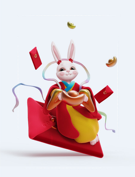 C4D立体国风金红喜庆财神兔子兔仙人坐着红包飘3D