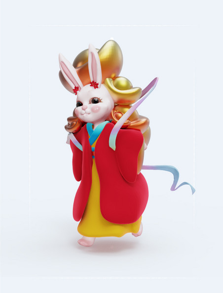 C4D立体国风金红喜庆财神兔子兔仙人身背元宝跑步3D