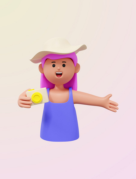 3DC4D立体紫头发戴帽子女孩手拿相机可爱女孩元素